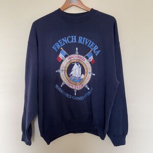 VTG 90s Y2K French Riviera Sailboat The Helm Hanes Activewear Sweatshirt XL Navy